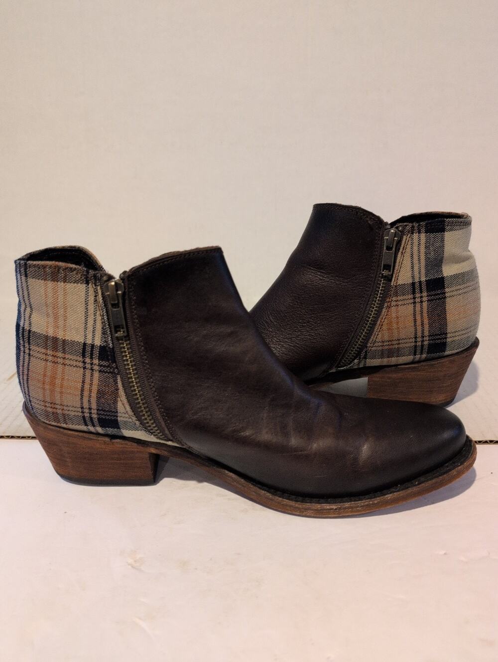 Women's LIBERTY BLACK Rust-Brown Leather & Plaid Textile SALLY Ankle Boots US 10